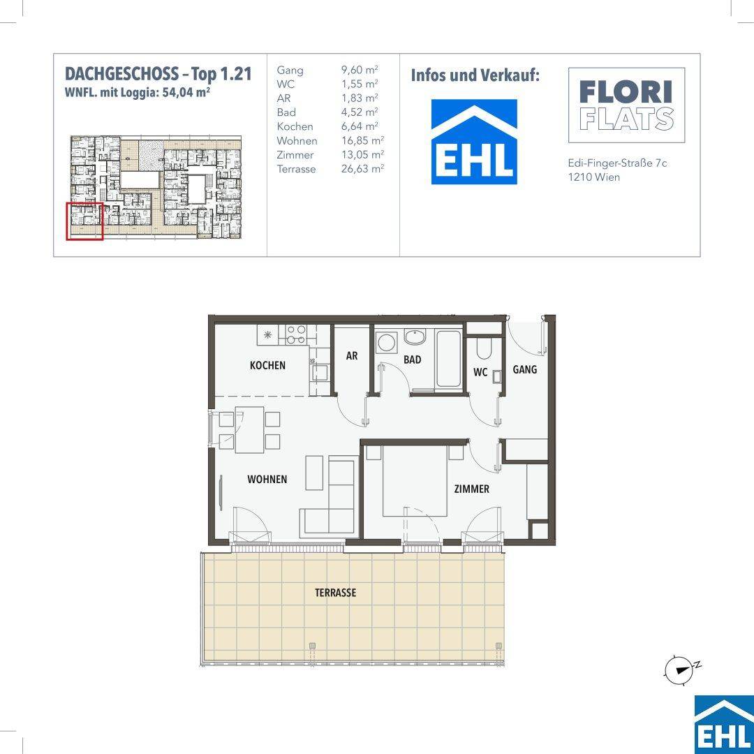 Grundriss einer Dachgeschosswohnung mit Loggia und Terrasse, inklusive Raumaufteilung und Flächenangaben.