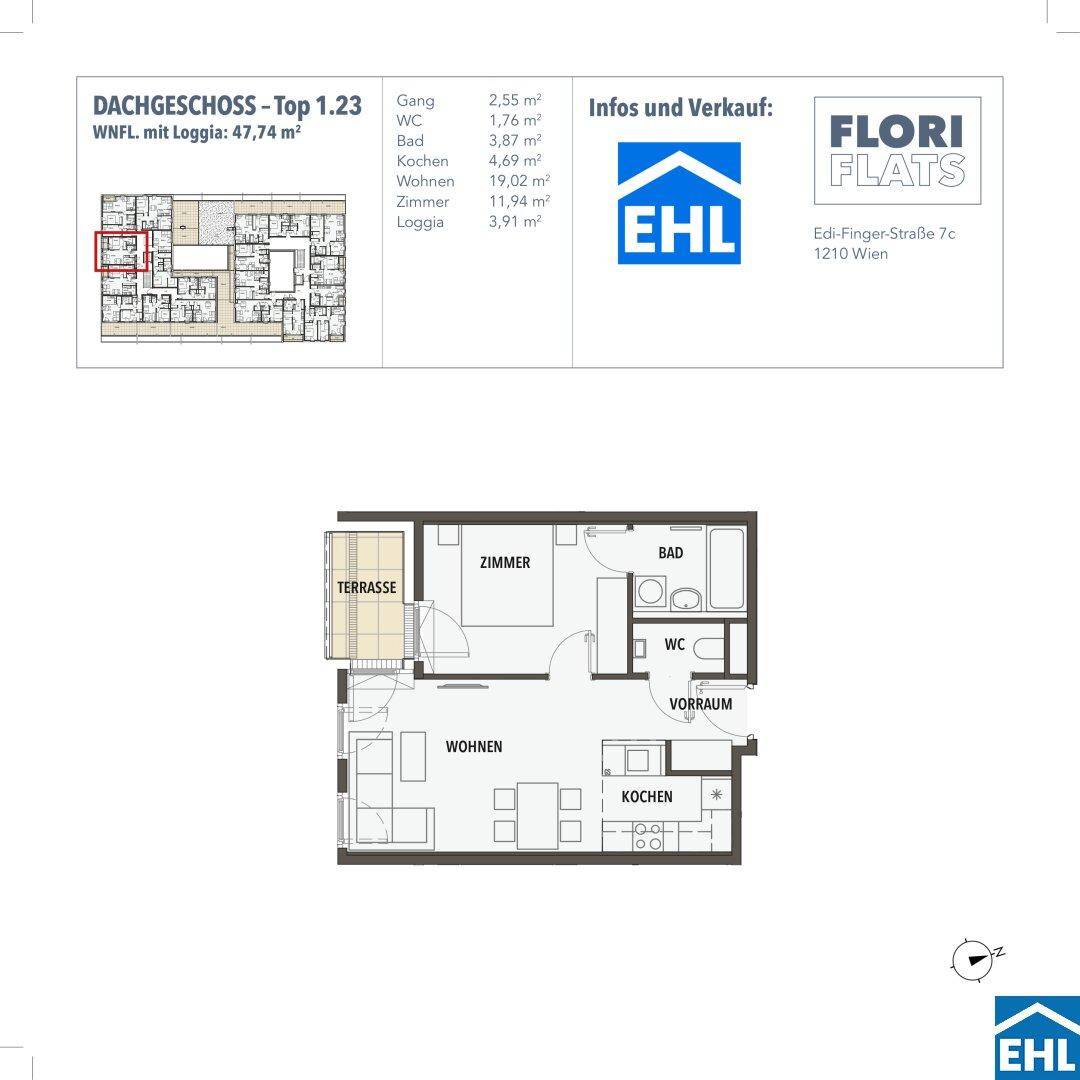 Grundriss des Dachgeschosses Top 1.23 mit Loggia, Wohn-Essbereich und einem Schlafzimmer.