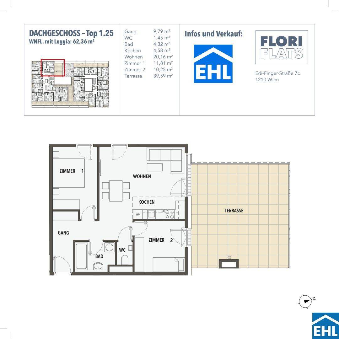 Grundriss der Dachgeschosswohnung Top 1.25 mit 62,36 m² Wohnfläche und großer Terrasse.