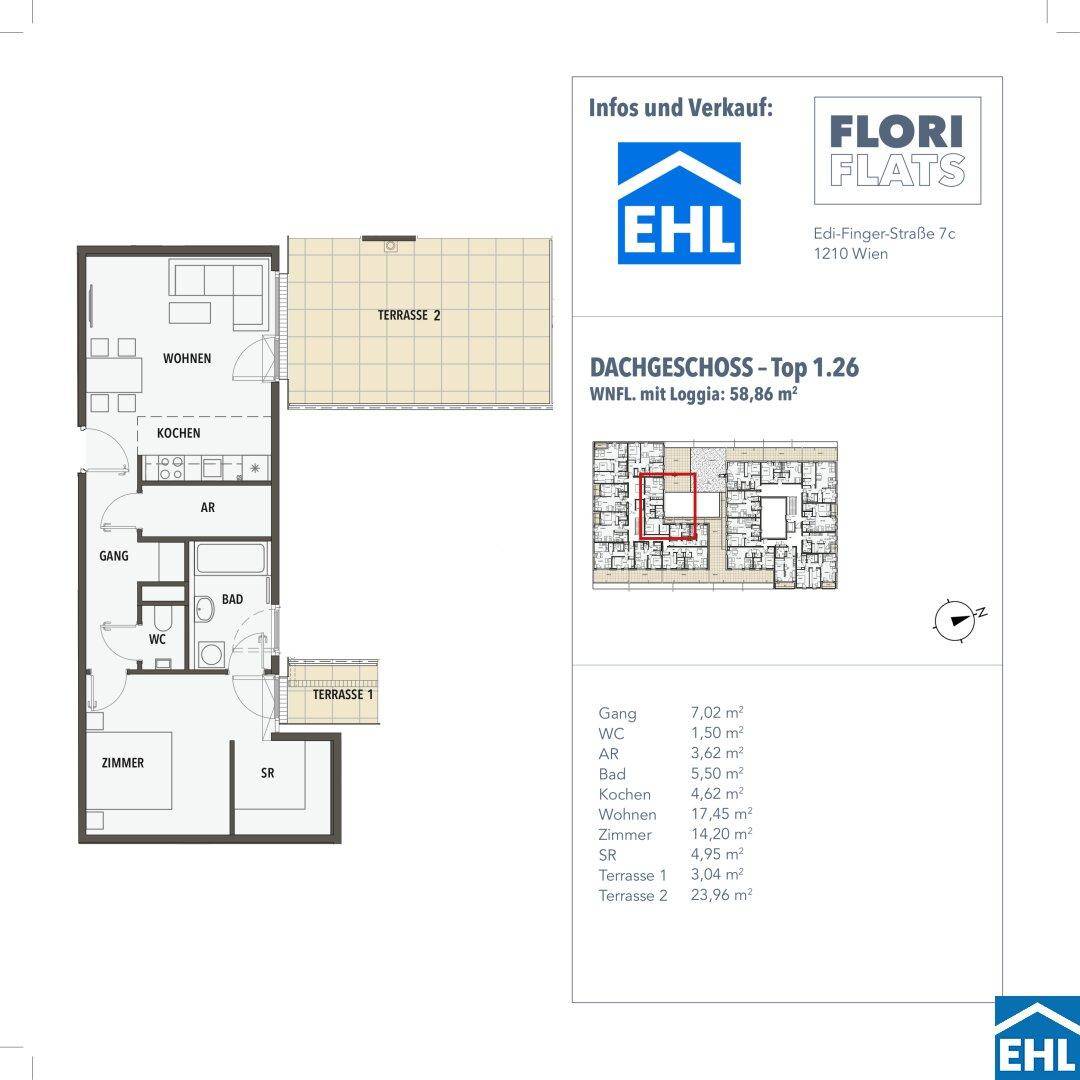 Detaillierter Grundriss einer Dachgeschosswohnung mit zwei Terrassen und separatem WC.