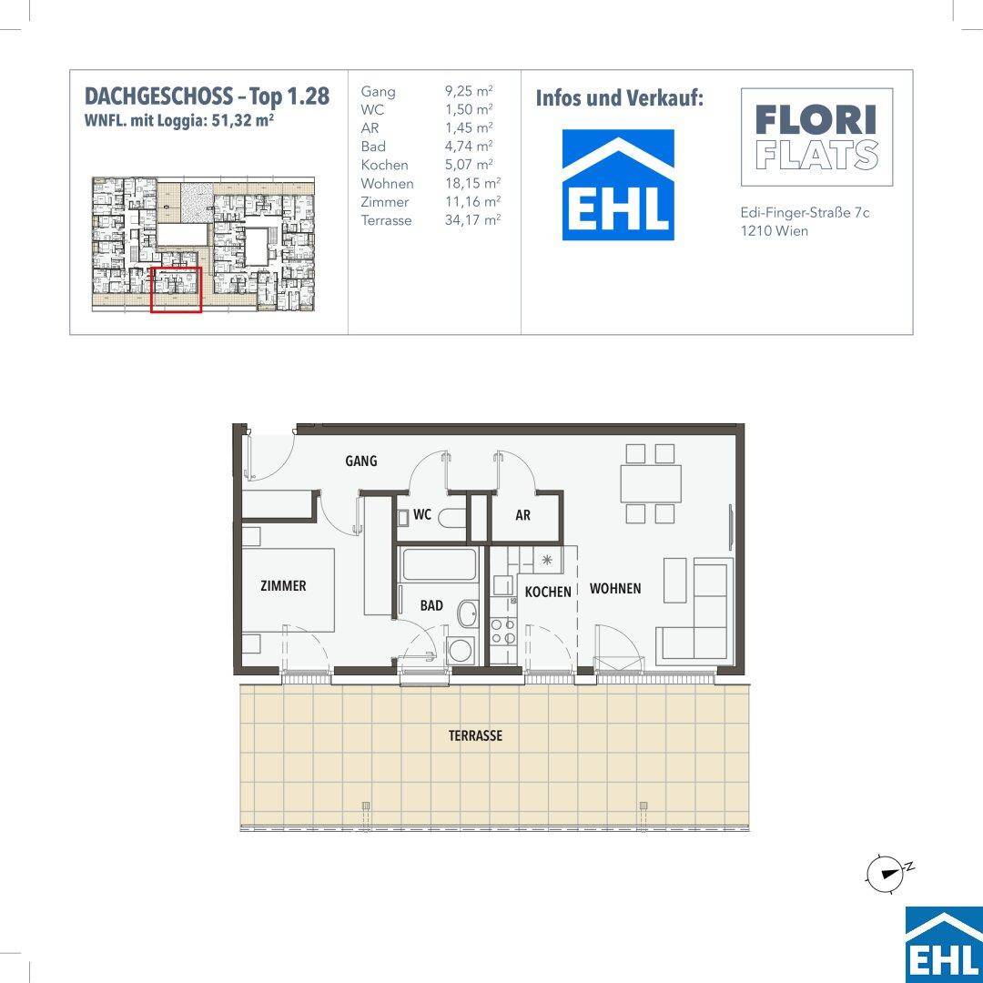 Grundriss des Dachgeschosses mit Loggia und Terrasse, inklusive Raumaufteilung.