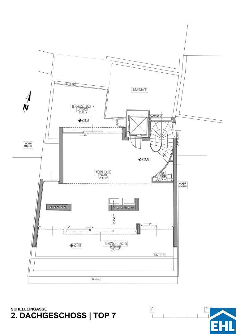 Grundriss des zweiten Dachgeschosses mit großer Wohnküche und zwei Terrassen.
