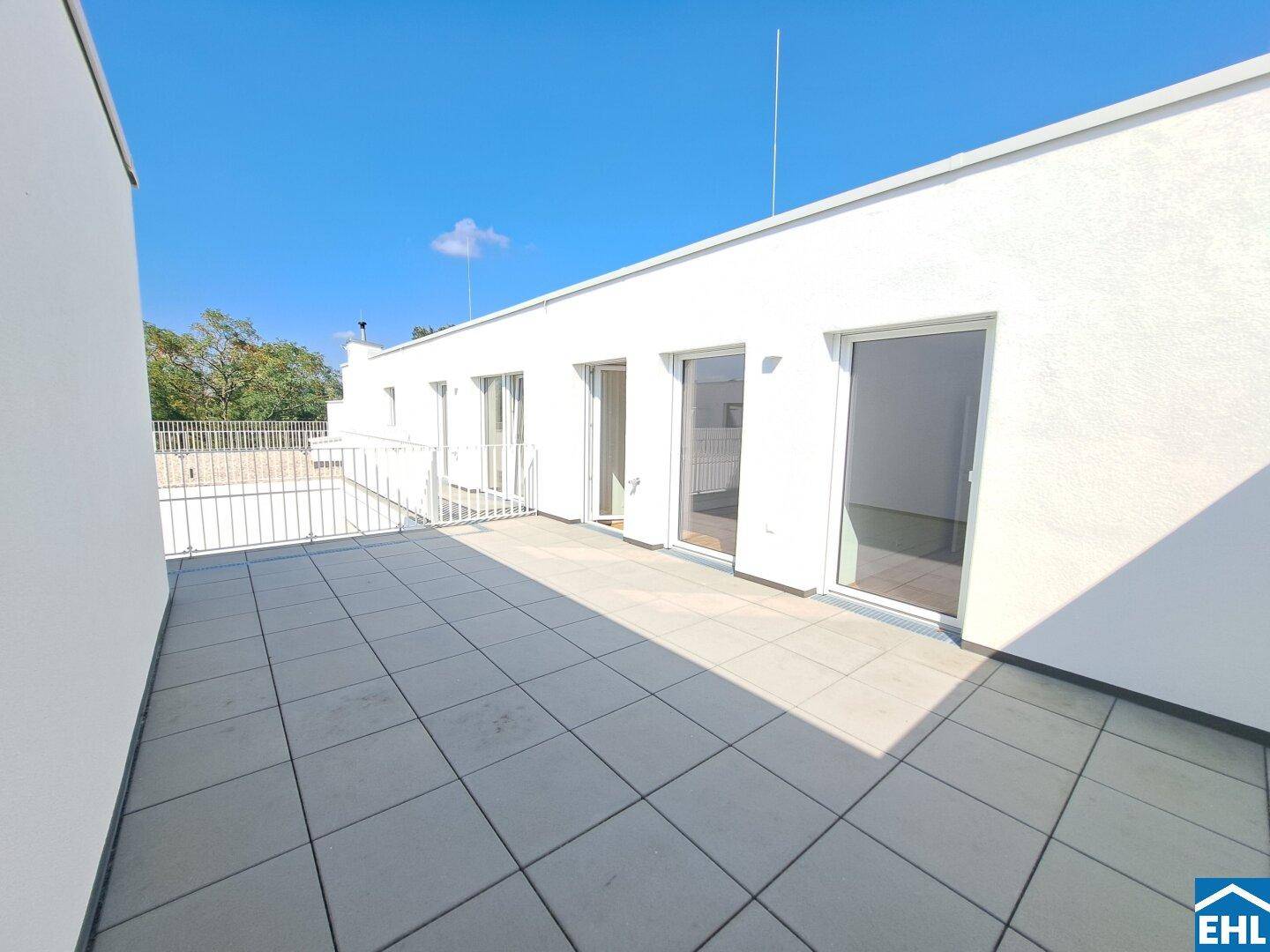 Weitläufige Dachterrasse mit mehreren Zugängen und Blick auf die Umgebung.