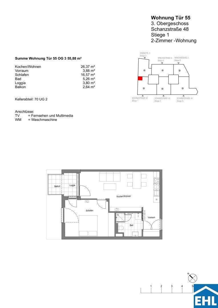 Grundriss einer 2-Zimmer-Wohnung im 3. Obergeschoss mit Balkon und Loggia.