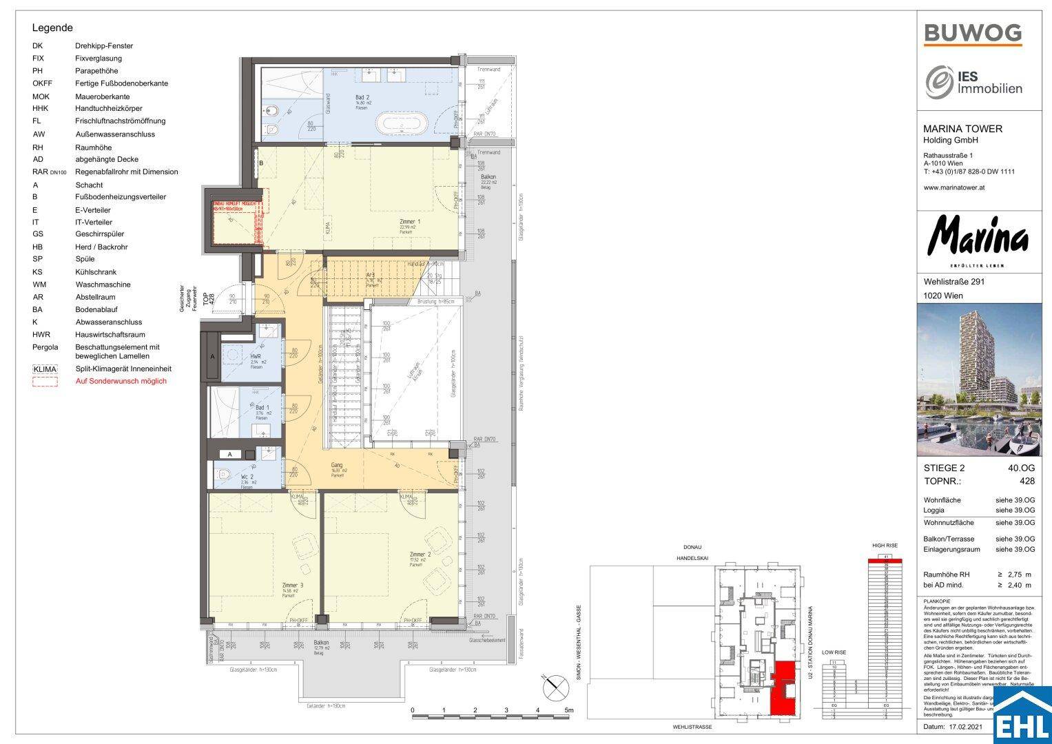 Grundriss einer Wohnung im 40. Obergeschoss mit mehreren Schlafzimmern und Bädern.