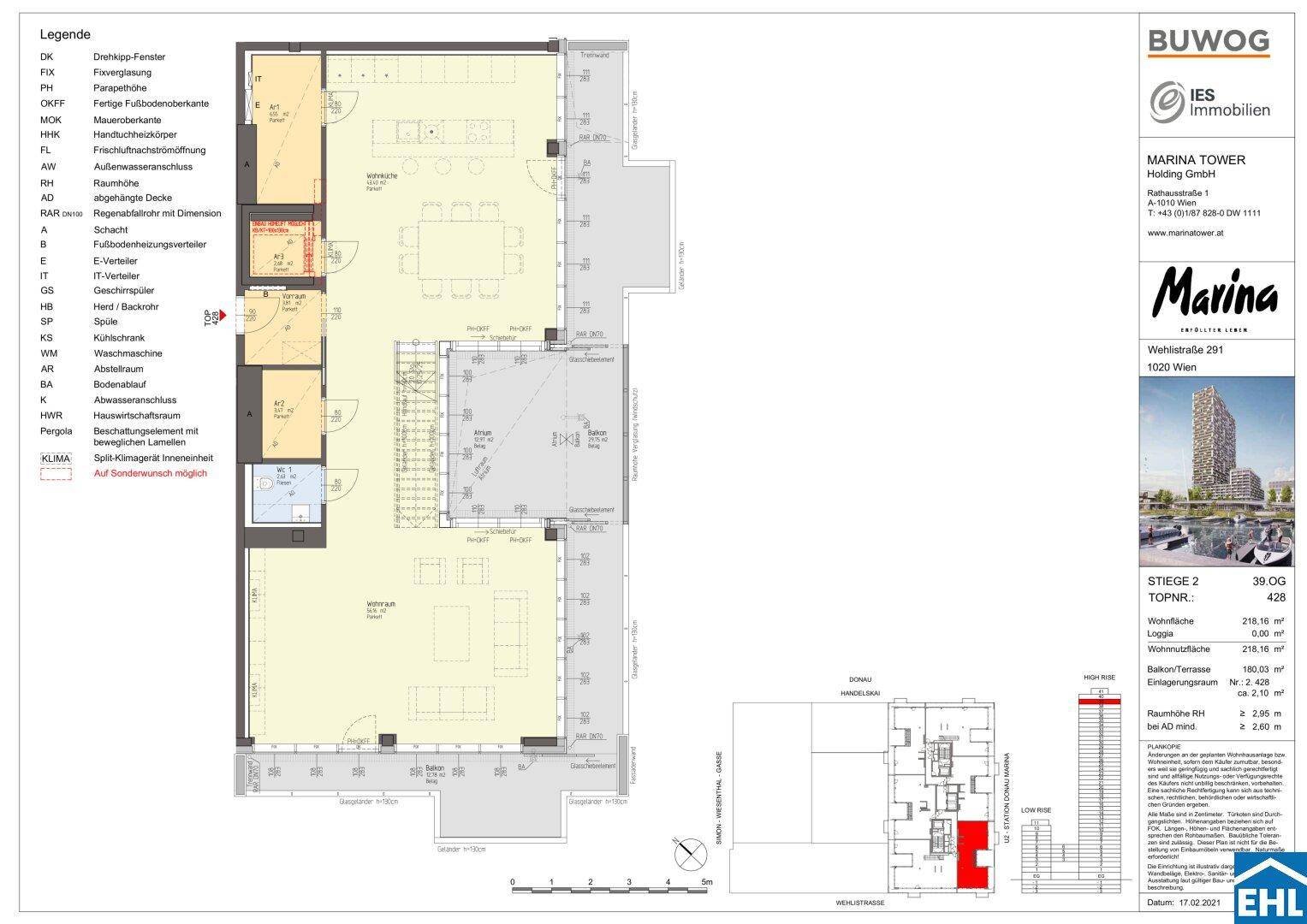Grundriss einer Wohnung im 39. Obergeschoss mit offenem Wohnbereich und großer Terrasse.
