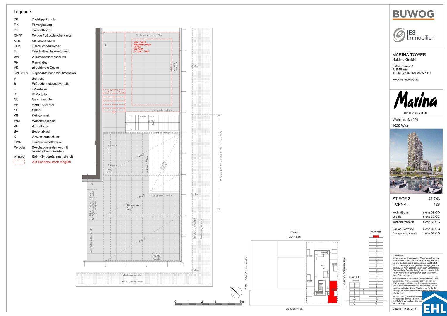 Grundriss einer Wohnung im 41. Obergeschoss mit großer Dachterrasse und offenem Bereich.