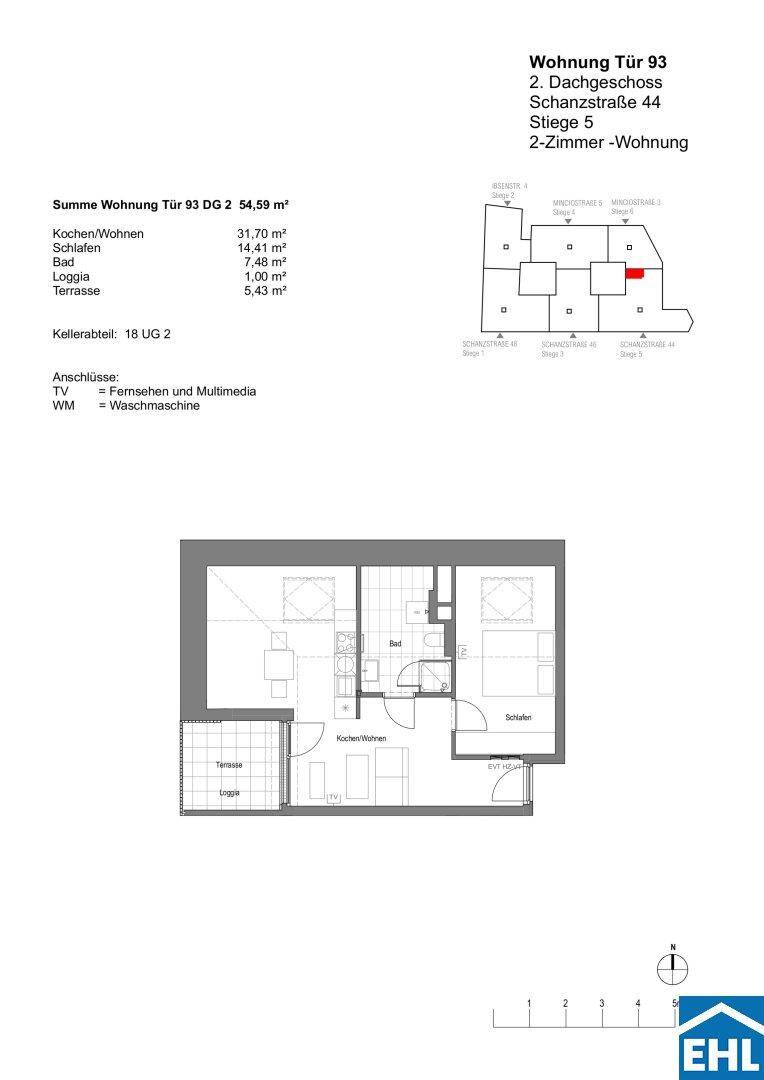 Grundriss einer 2-Zimmer-Wohnung im Dachgeschoss mit Loggia und Terrasse.