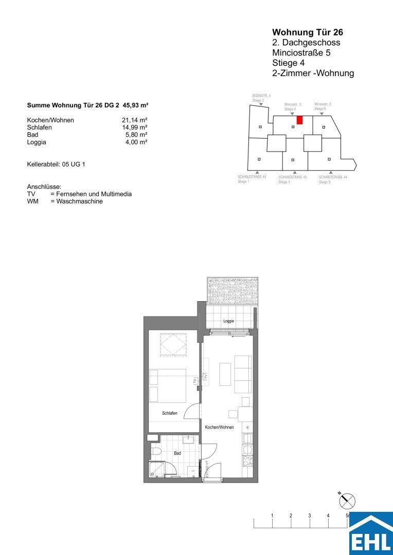 Grundriss einer 2-Zimmer-Wohnung mit Loggia, Schlafzimmer und offenem Wohnbereich.