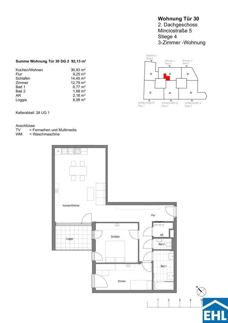 Grundriss einer 3-Zimmer-Wohnung im 2. Dachgeschoss mit Loggia und offenem Wohnbereich.
