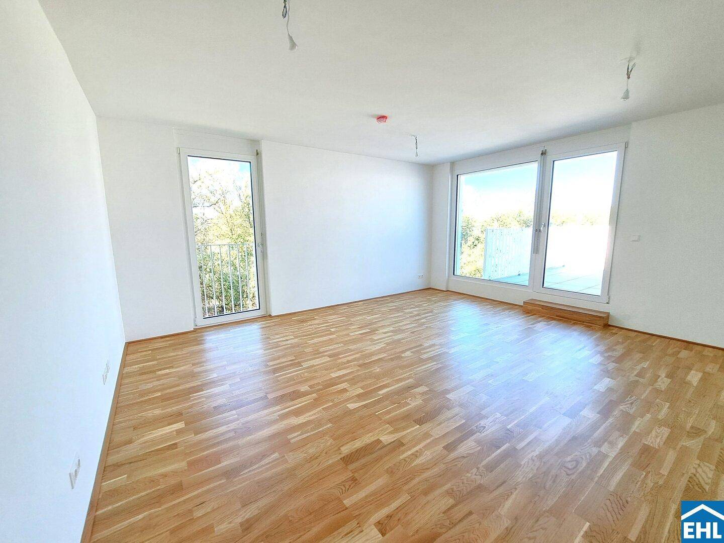 Geräumiges, helles Zimmer mit Holzboden und zwei großen Fenstern, die Zugang nach draußen bieten.
