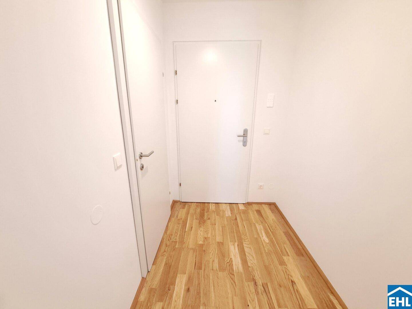Leerer Eingangsbereich mit Parkettboden und weißer Eingangstür, bietet Platz für eine Garderobe.