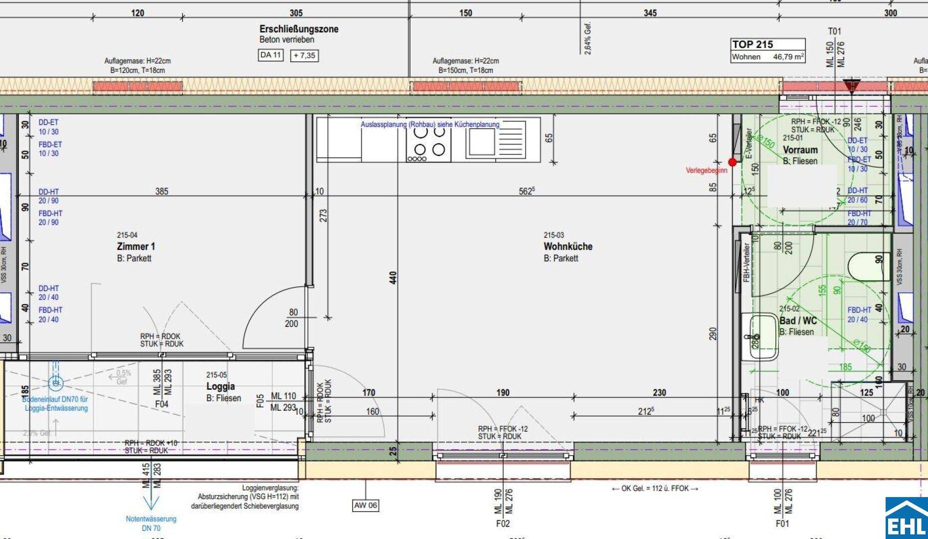 Detaillierter Grundriss einer Wohnung mit offener Wohnküche, Loggia und Bad/WC.