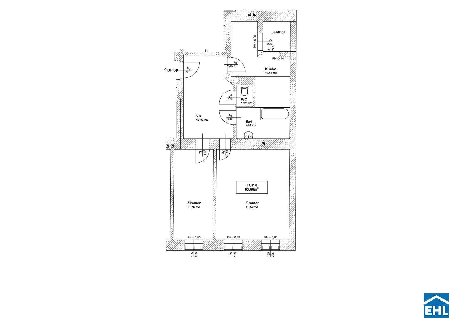 Grundriss der Wohnung mit zwei Zimmern, Bad, WC und Küche.