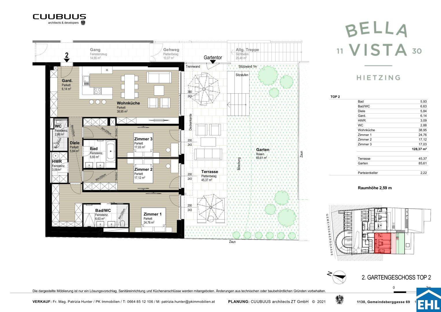 Detaillierter Grundriss einer Gartenwohnung mit drei Zimmern, Terrasse und Garten.