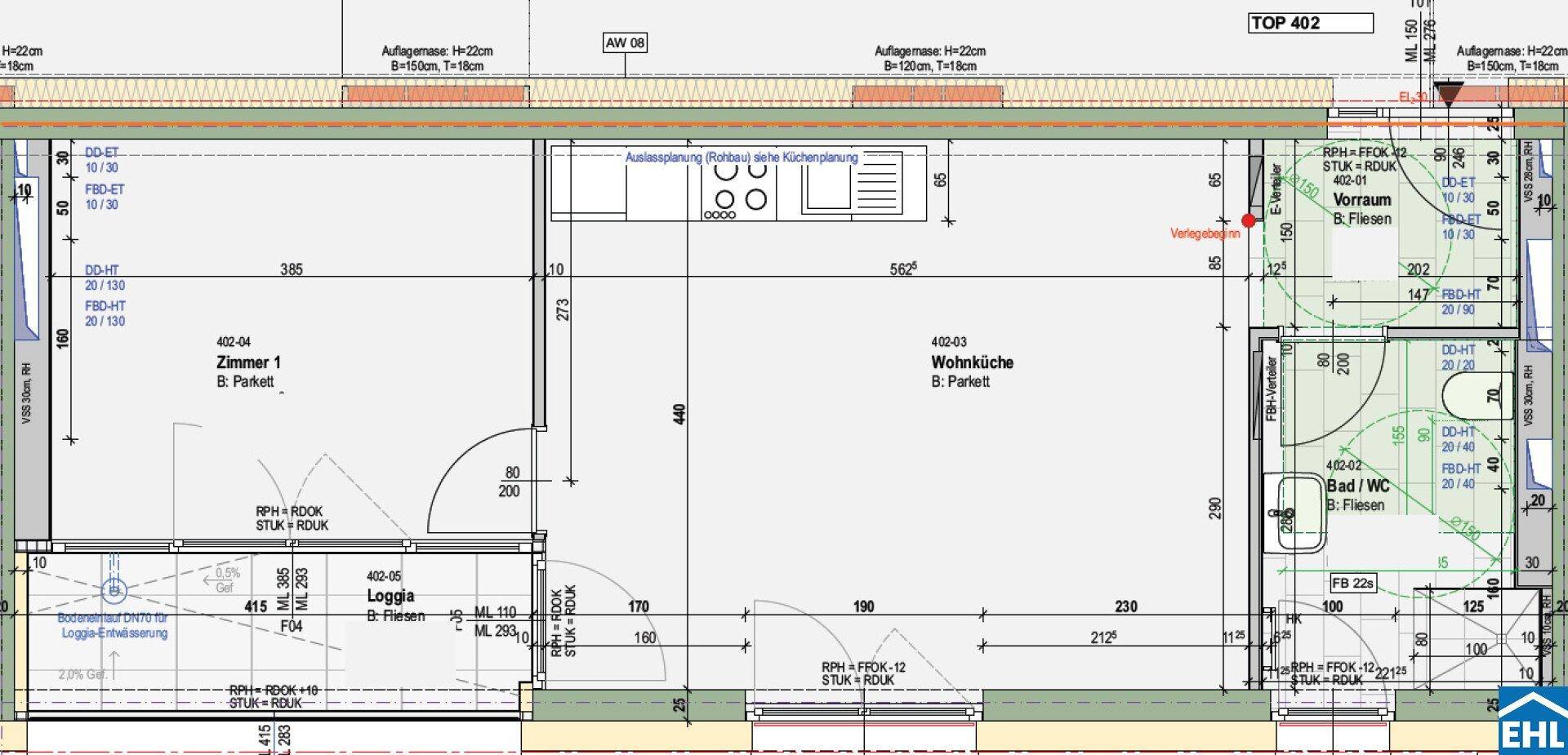 Grundriss einer Wohnung mit offener Wohnküche, Loggia und separatem Schlafzimmer.