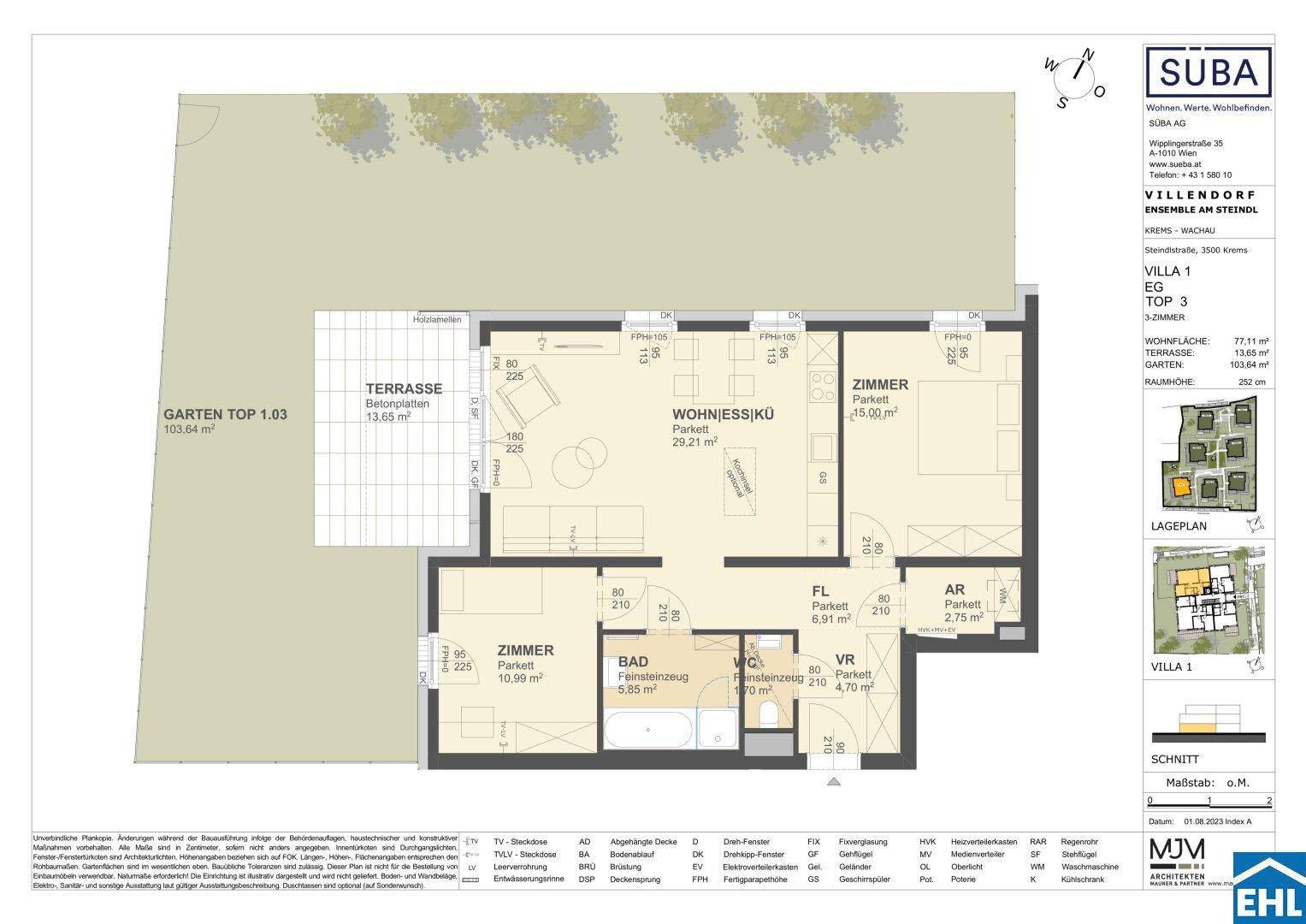 Grundriss der Villa 1, Top 3, zeigt eine offene Wohnküche, zwei Zimmer, Bad, WC, Terrasse und Garten.