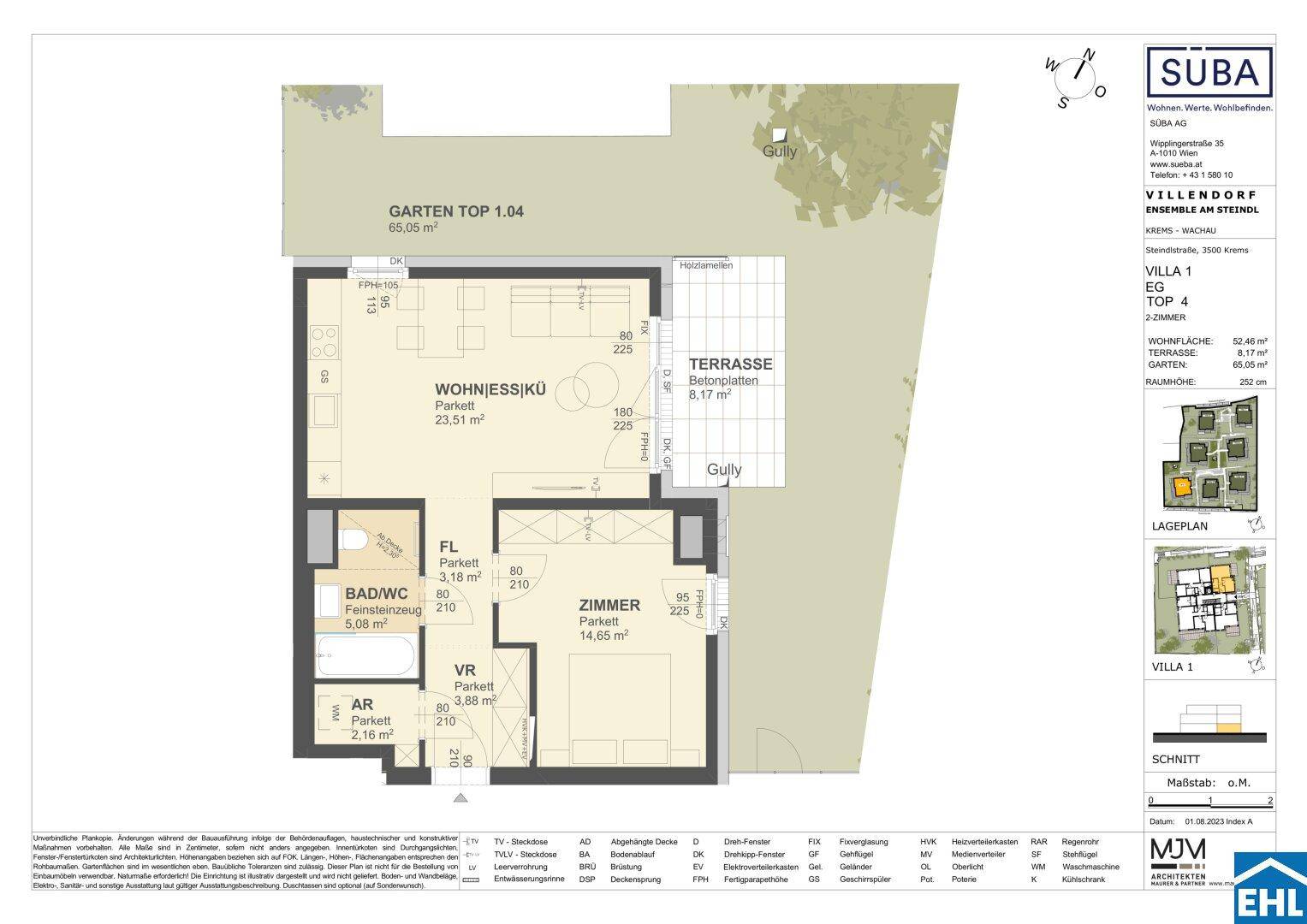Grundriss der Villa 1, Top 4, mit offenem Wohn-/Essbereich, Schlafzimmer, Bad, Terrasse und Garten.