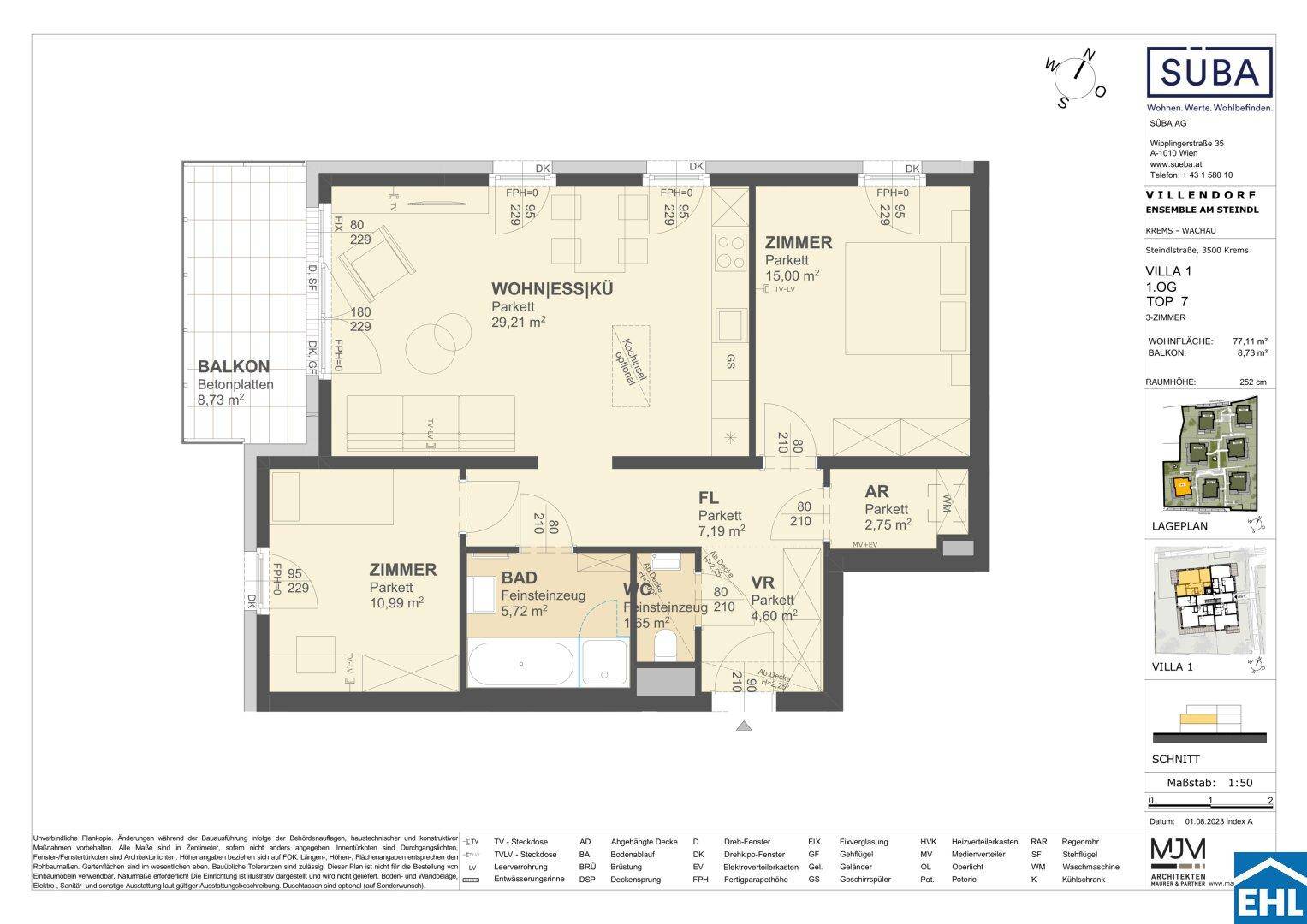 Grundriss einer 3-Zimmer-Wohnung mit Balkon, offenem Wohn-Essbereich und separatem WC.