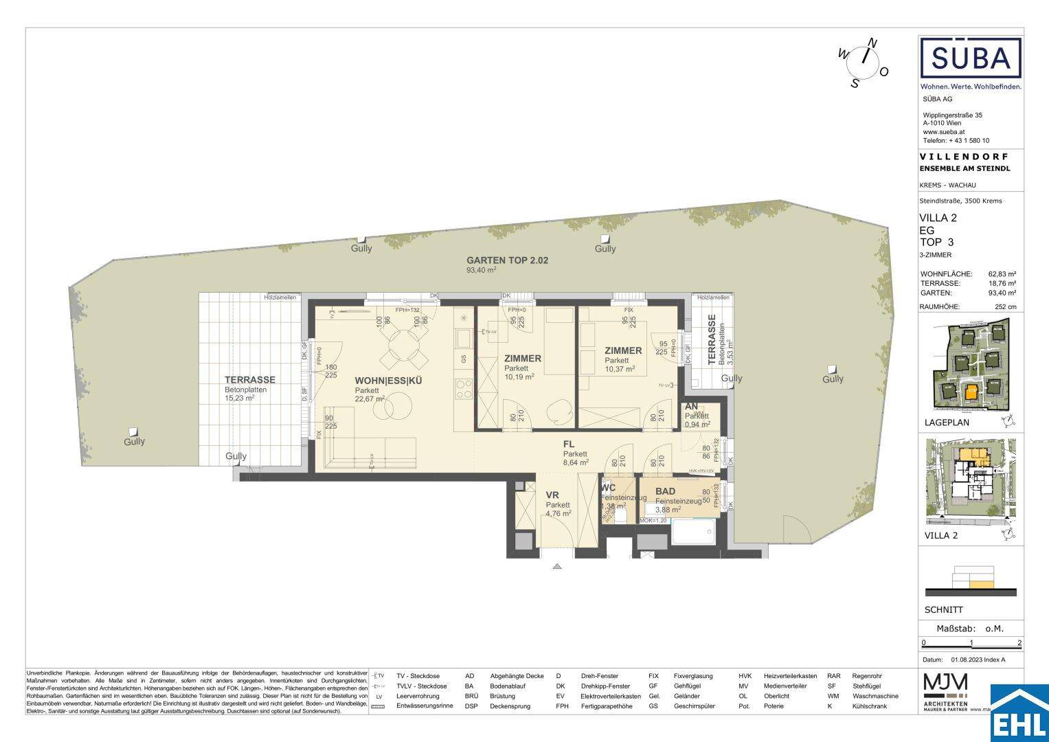 Grundriss einer Wohnung mit offenem Wohn-Essbereich, zwei Schlafzimmern, Bad und separatem WC sowie Terrasse und Garten.