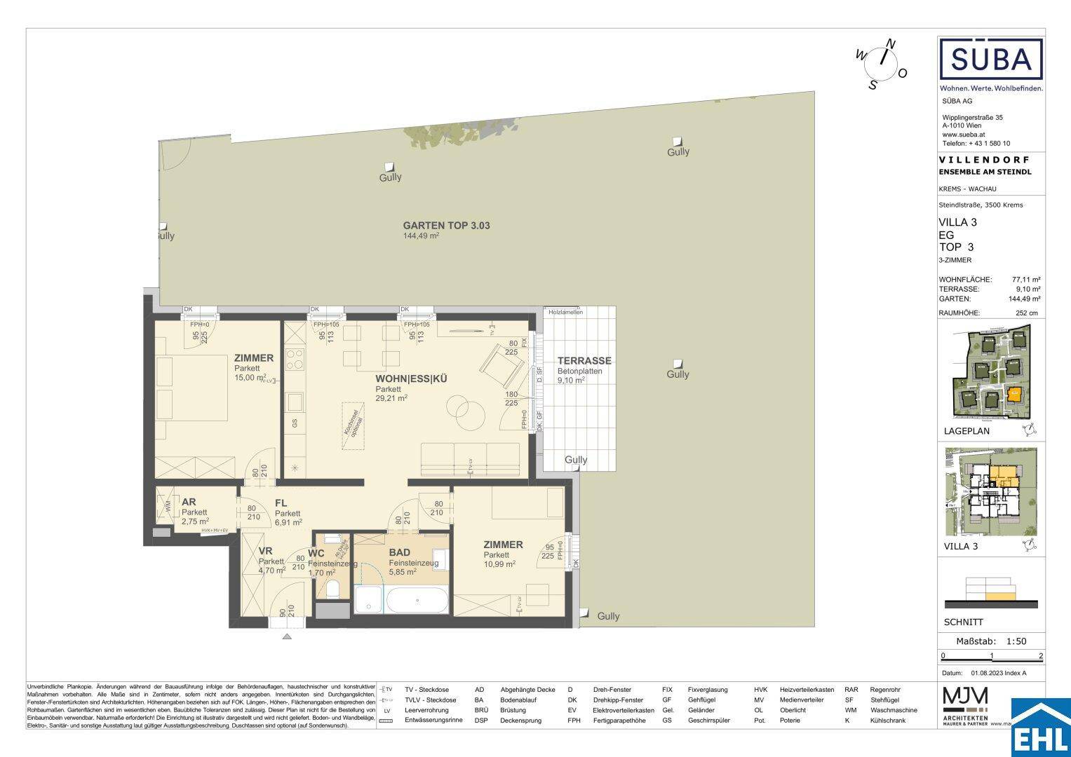 Grundriss einer 3-Zimmer-Wohnung mit offener Wohn-/Essküche, Terrasse und großem Garten.