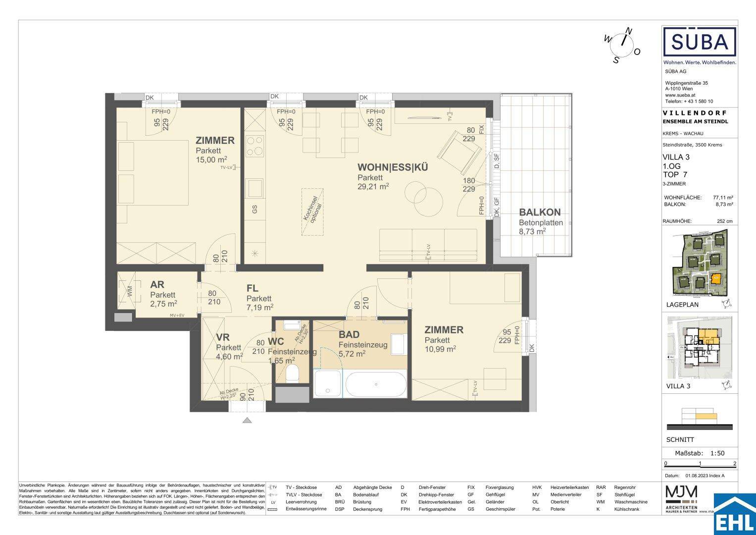 Grundriss einer 3-Zimmer-Wohnung mit offenem Wohn-Essbereich, zwei Schlafzimmern und Balkon.