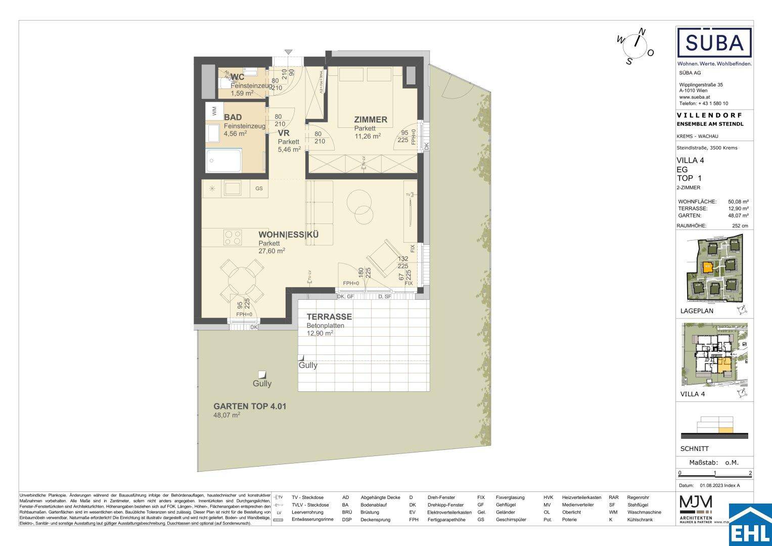 Grundriss der Villa 4, Top 1, zeigt einen offenen Wohnbereich, Schlafzimmer, Bad, WC, Terrasse und Garten.