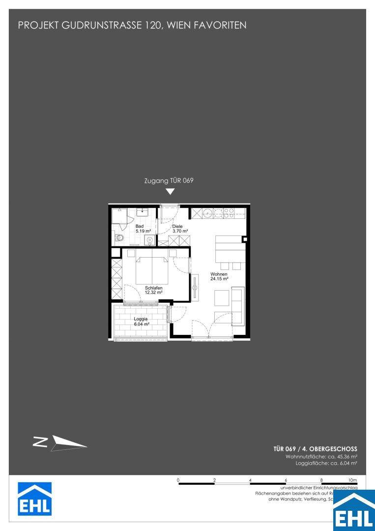Grundriss einer Wohnung im 4. Obergeschoss mit Schlafzimmer, Wohnbereich und Loggia.
