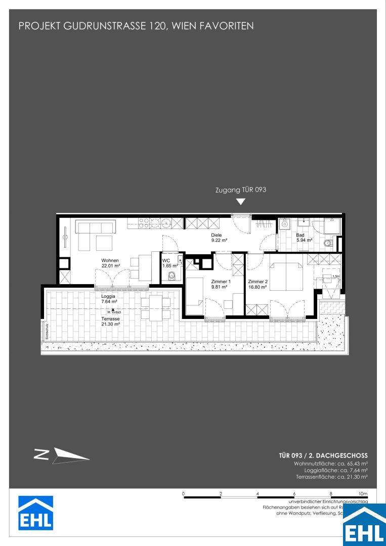 Grundriss einer Wohnung mit offenem Wohnbereich, zwei Schlafzimmern, Loggia und Terrasse.