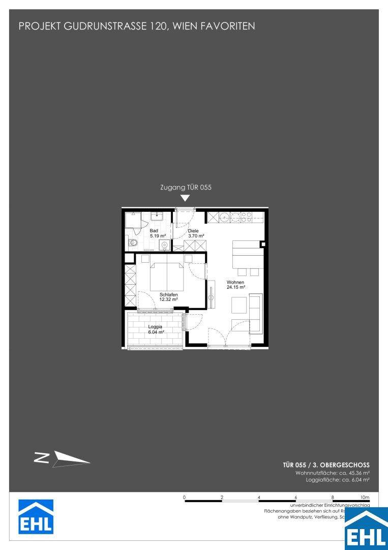 Grundriss einer Wohnung mit Schlafzimmer, Bad, offenem Wohnbereich und Loggia.