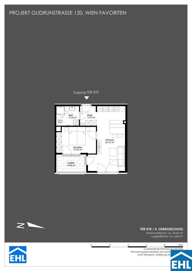 Detaillierter Grundriss einer modernen Wohnung mit offenem Wohnbereich, Schlafzimmer, Bad und Loggia.