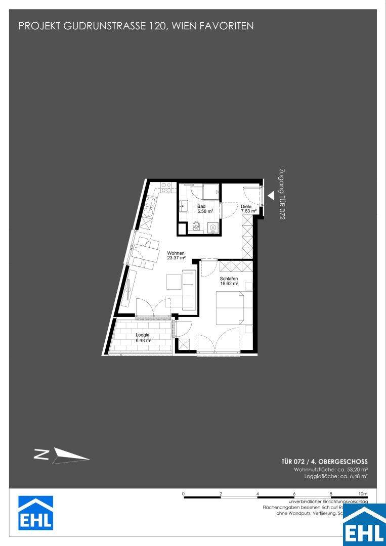 Grundriss einer Wohnung mit offenem Wohnbereich, einem Schlafzimmer, Bad und einer Loggia.