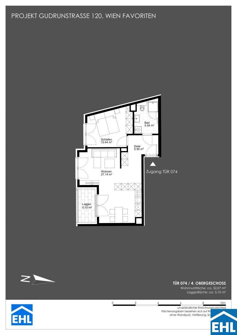 Grundrissplan einer Wohnung im 4. Obergeschoss mit einem Schlafzimmer, Bad, offenem Wohnbereich und Loggia.