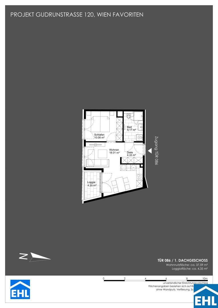 Grundrissplan einer Wohnung im Dachgeschoss mit Schlafzimmer, Wohnbereich, Bad und Loggia.