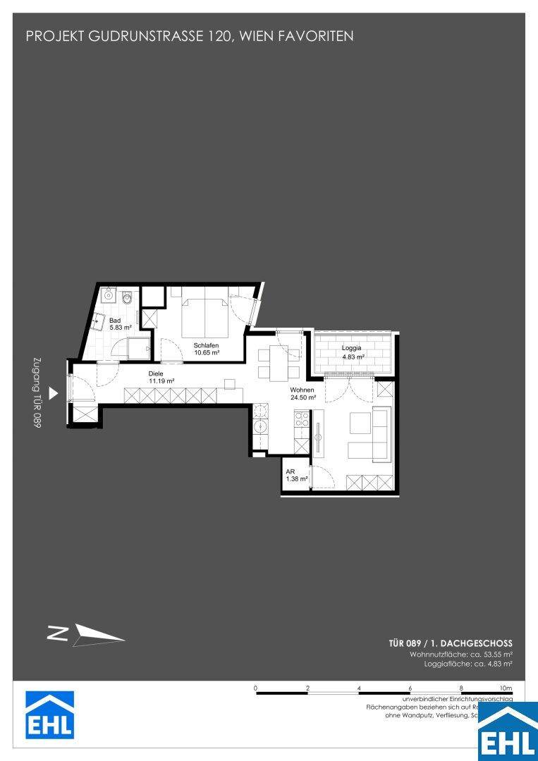 Detaillierter Grundriss einer Dachgeschosswohnung mit einem Schlafzimmer, offenem Wohnbereich und Loggia.