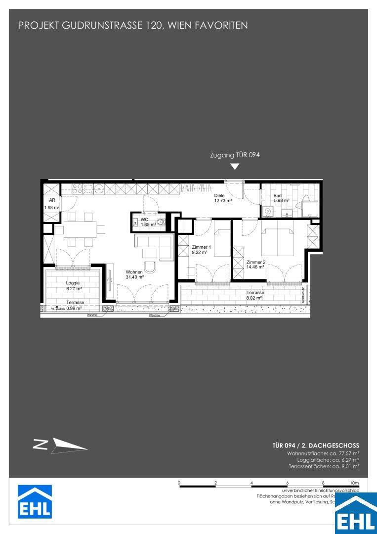 Grundriss einer Wohnung mit offenem Wohnbereich, zwei Schlafzimmern, Bad, separatem WC, Loggia und Terrasse.