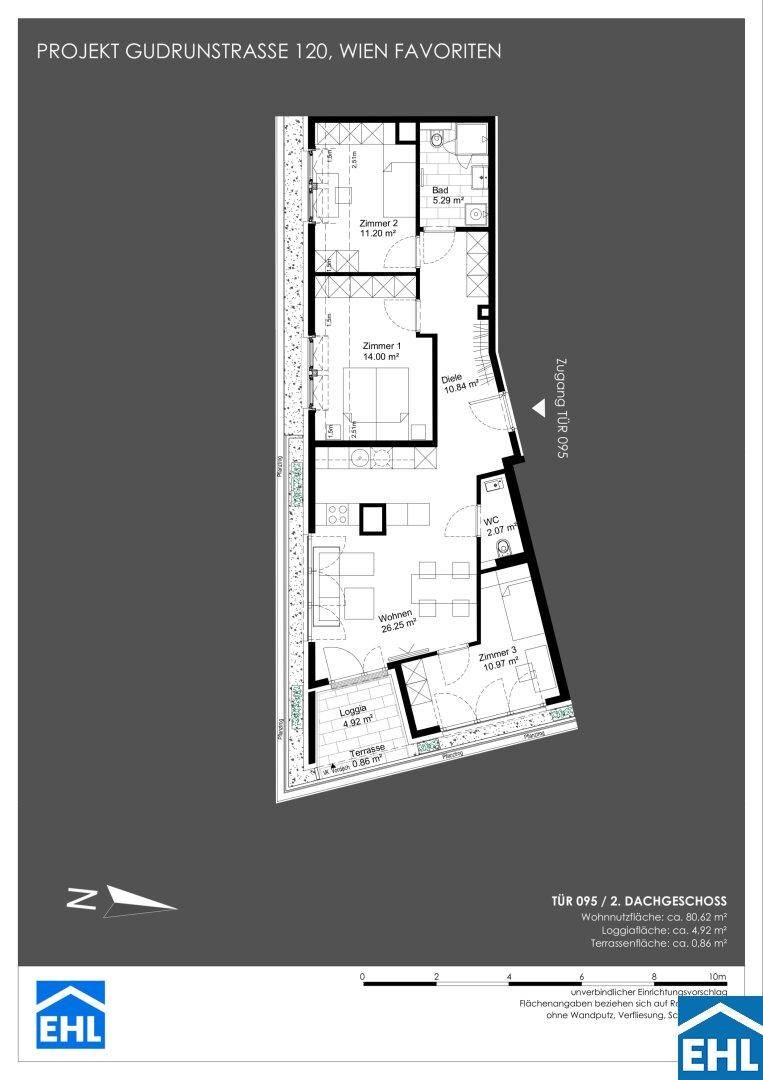 Grundrissplan einer Wohnung im Dachgeschoss mit drei Zimmern, einem Bad, separatem WC, Loggia und Terrasse.