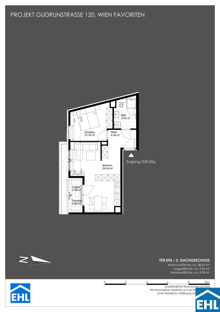 Grundriss einer Dachgeschosswohnung mit offenem Wohnbereich, Schlafzimmer, Bad, Loggia und Terrasse.