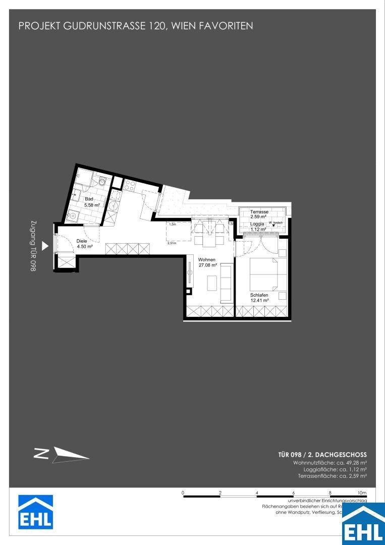 Grundrissplan einer Dachgeschosswohnung mit offenem Wohnbereich, Schlafzimmer, Bad, Diele, Loggia und Terrasse.