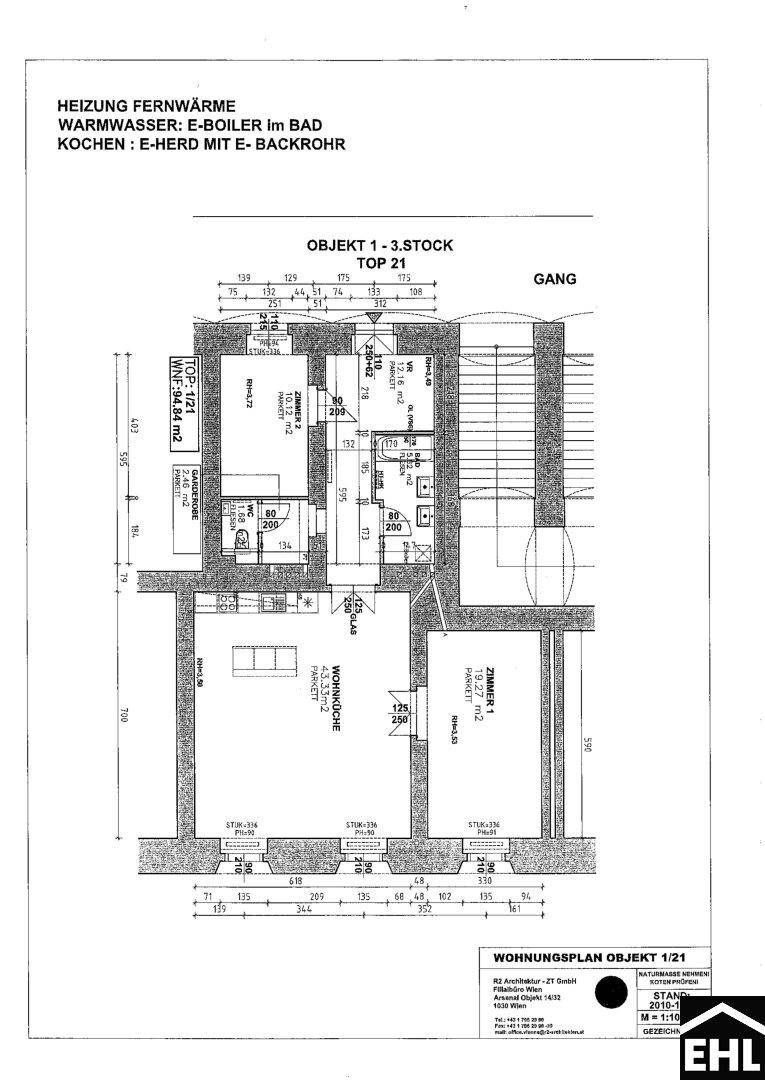 Grundrissplan der Wohnung im dritten Stock mit Raumaufteilung und Maßen.