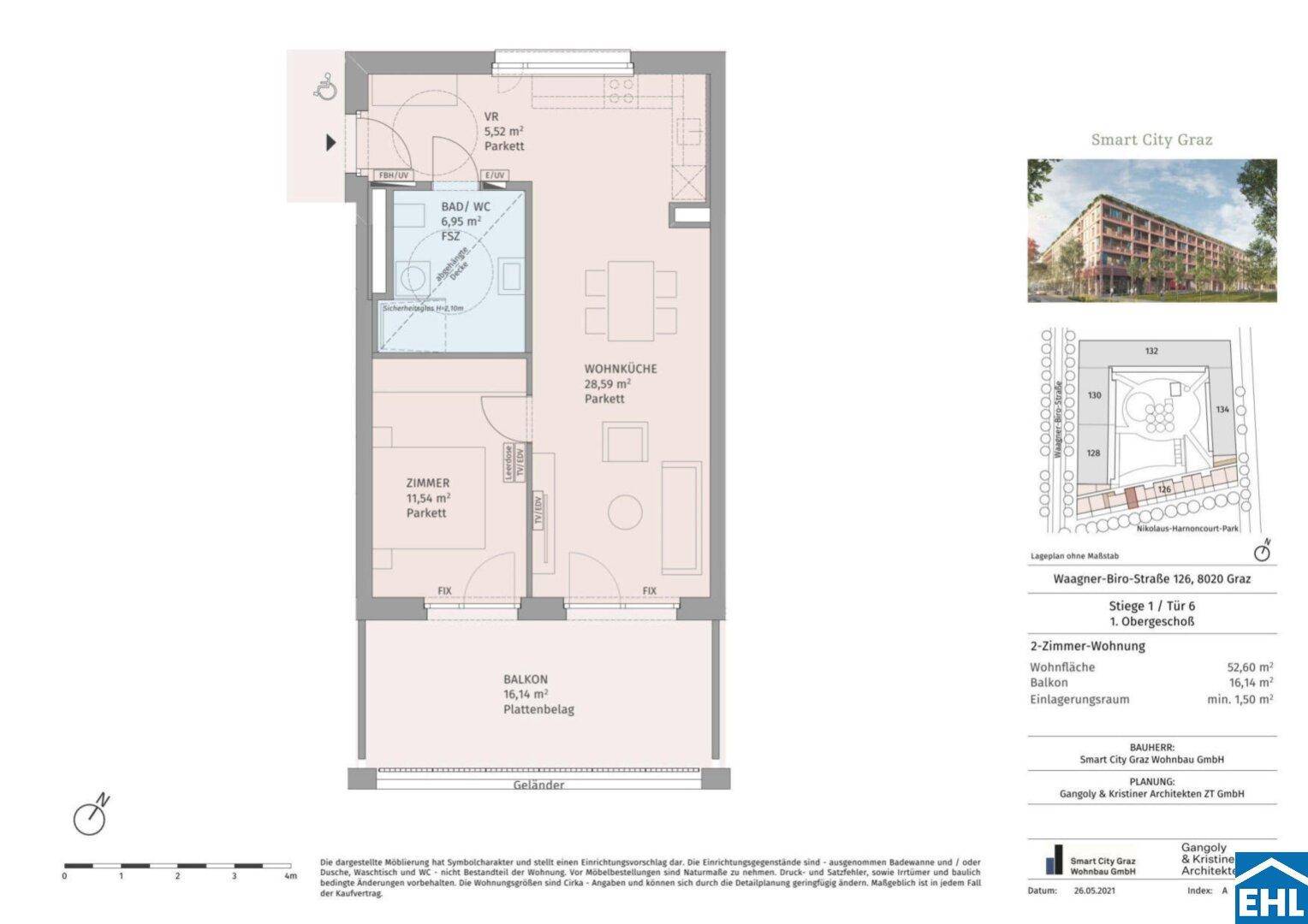 Grundriss einer 2-Zimmer-Wohnung mit Balkon, Bad/WC und offenem Wohn-/Essbereich.