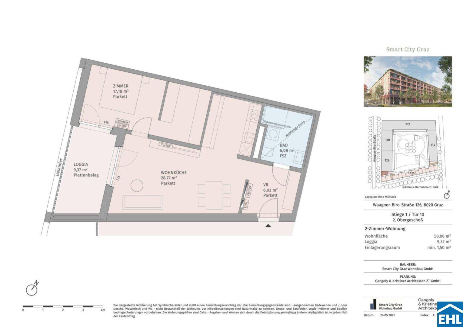 Grundriss einer 2-Zimmer-Wohnung mit Loggia und separatem Abstellraum.