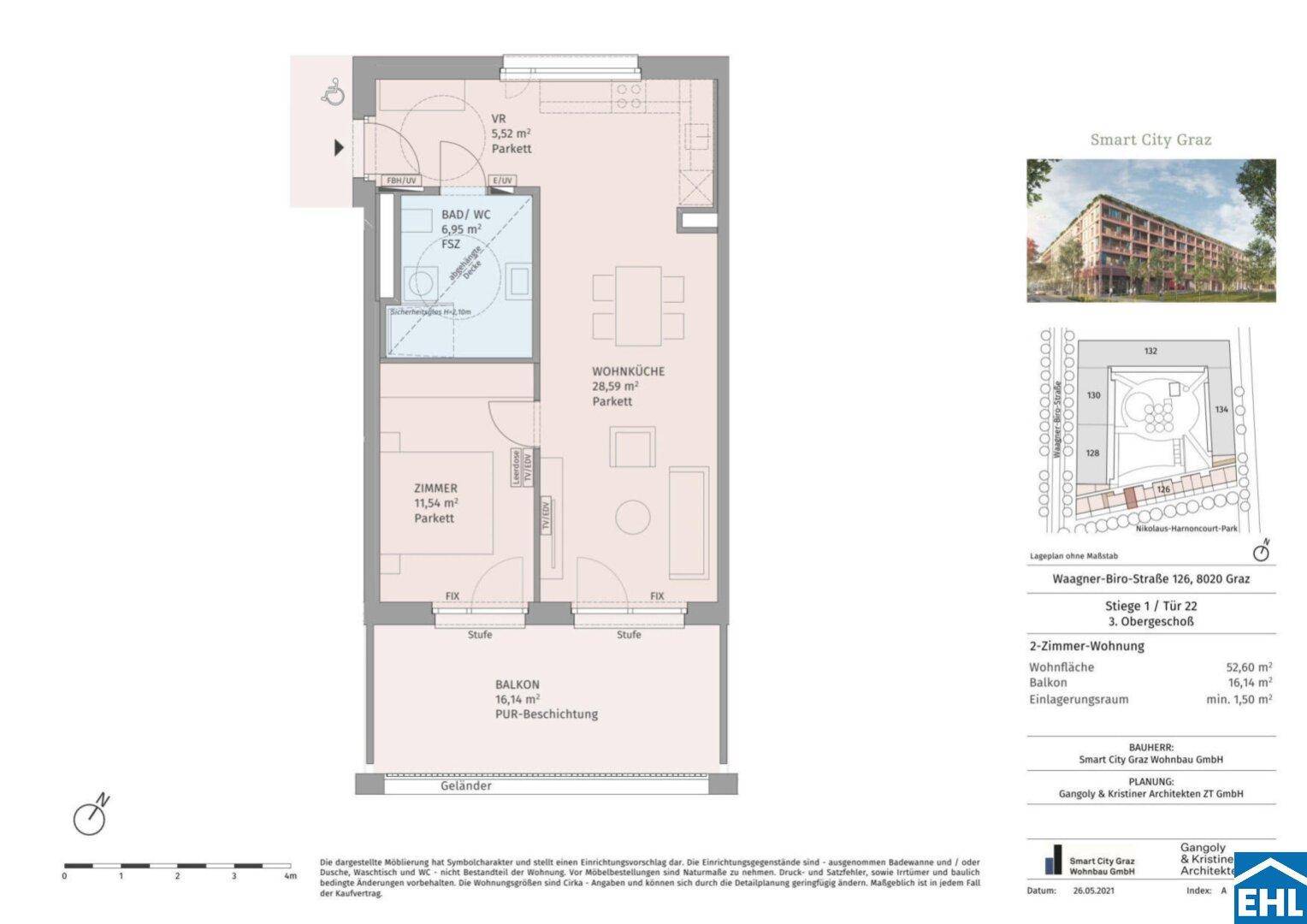 Grundriss einer 2-Zimmer-Wohnung mit Balkon und offener Wohnküche.