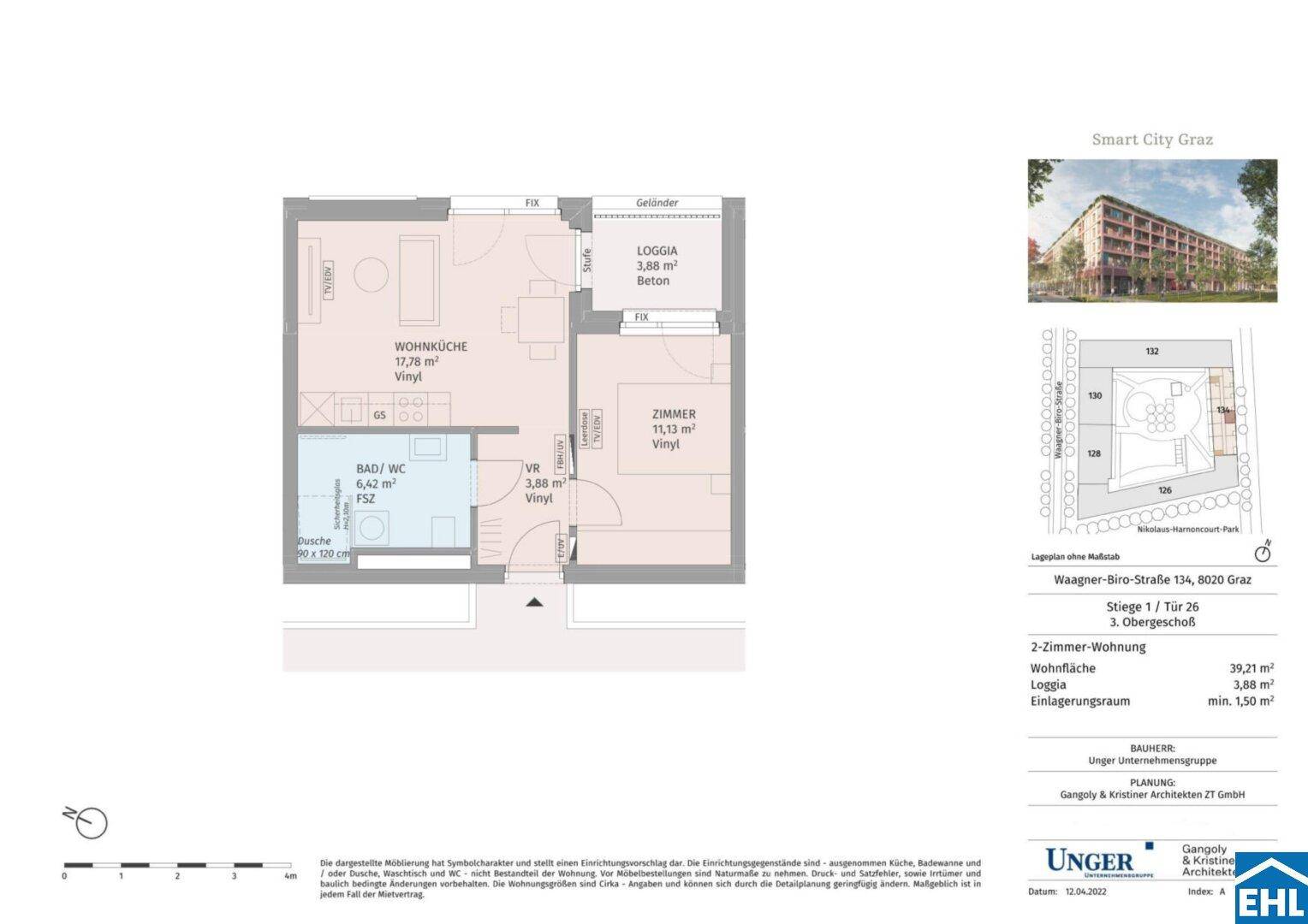 Grundriss einer 2-Zimmer-Wohnung mit Wohnküche, Loggia und separatem Zimmer.