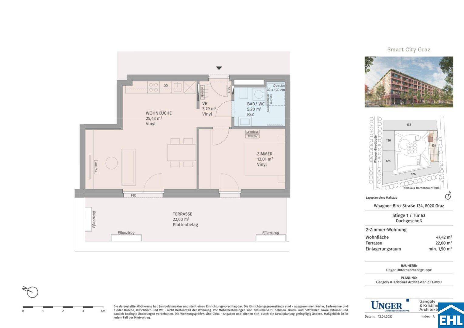 Grundriss einer 2-Zimmer-Wohnung mit Wohnküche, Terrasse und Bad/WC.