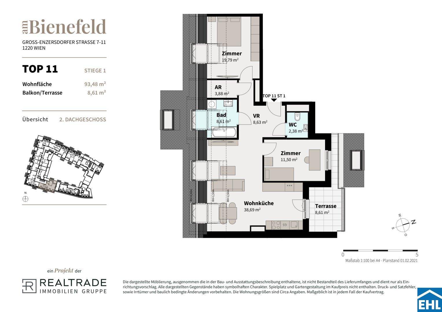 Detaillierter Grundriss der Wohnung Top 11 mit Wohnküche, zwei Zimmern und Terrasse.