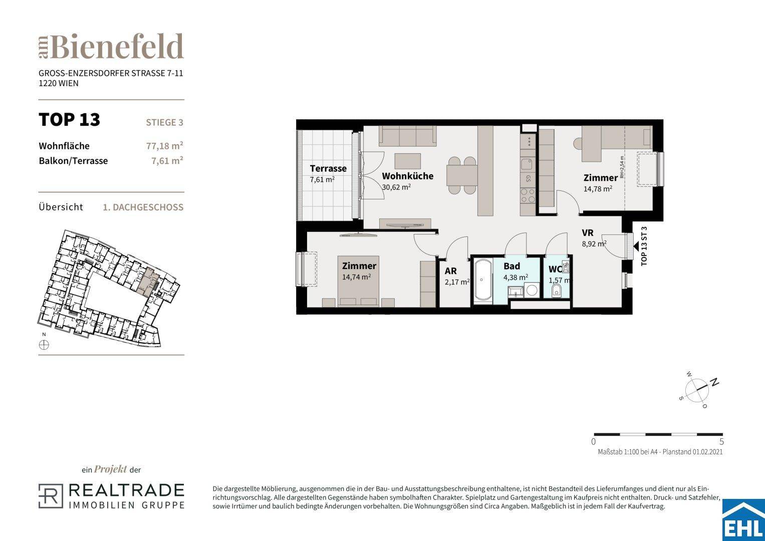 Detaillierter Grundriss der Wohnung Top 13 mit Wohnküche, zwei Zimmern und Terrasse.