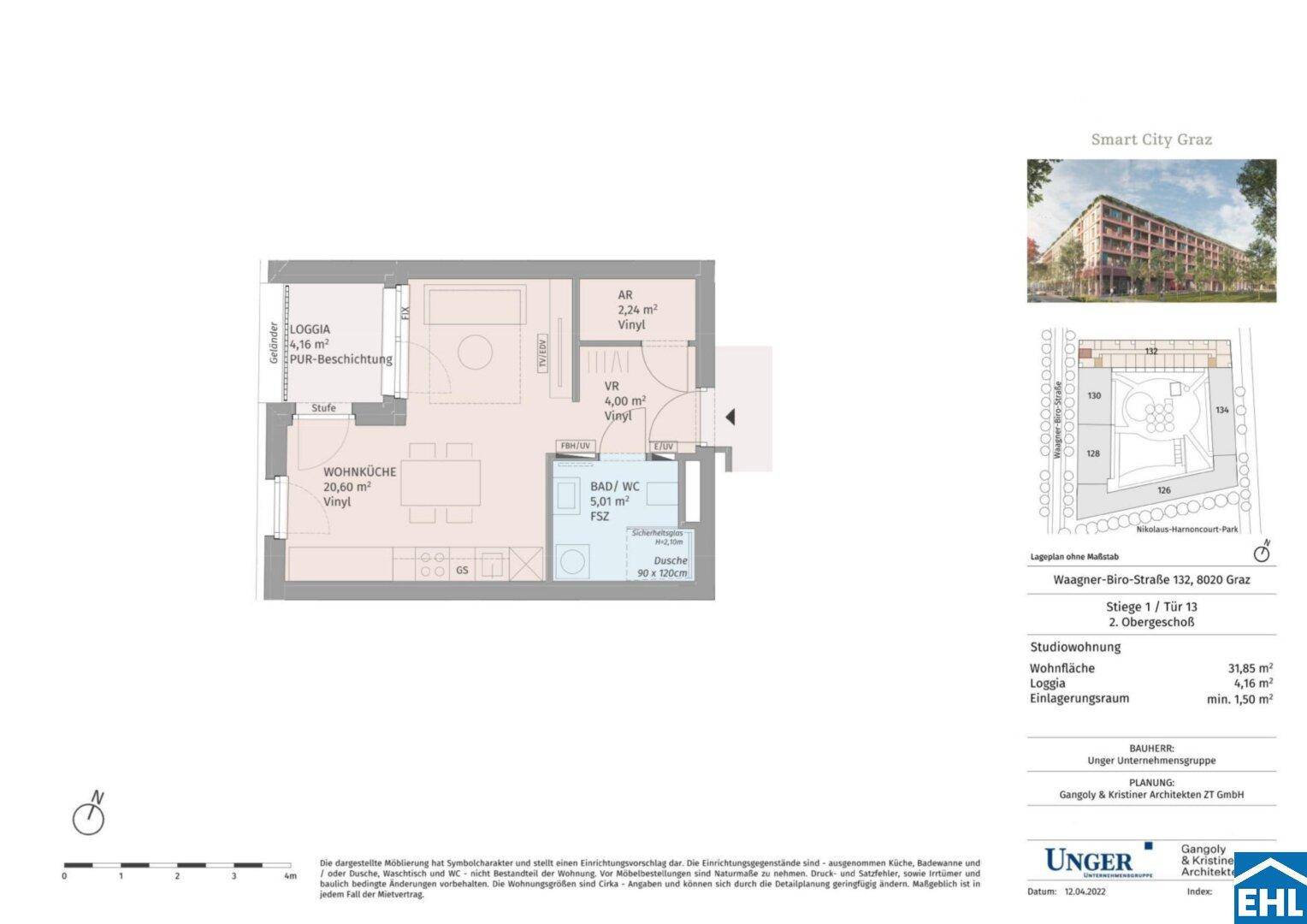 Grundriss einer Studio-Wohnung mit offener Wohnküche, Loggia und Badezimmer.