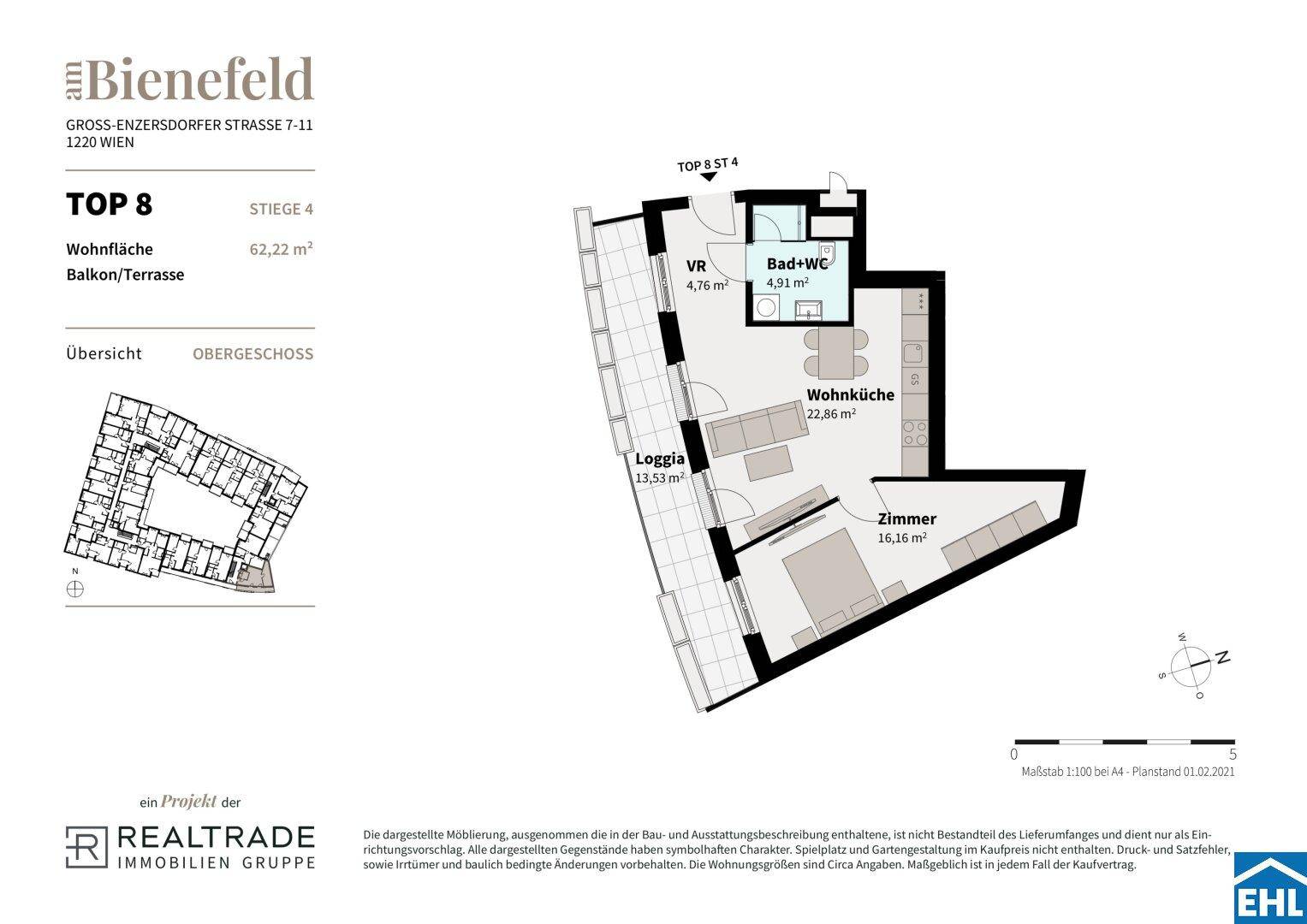 Grundriss der Wohnung TOP 8 mit Wohnküche, Zimmer und Loggia auf 62,22 m².