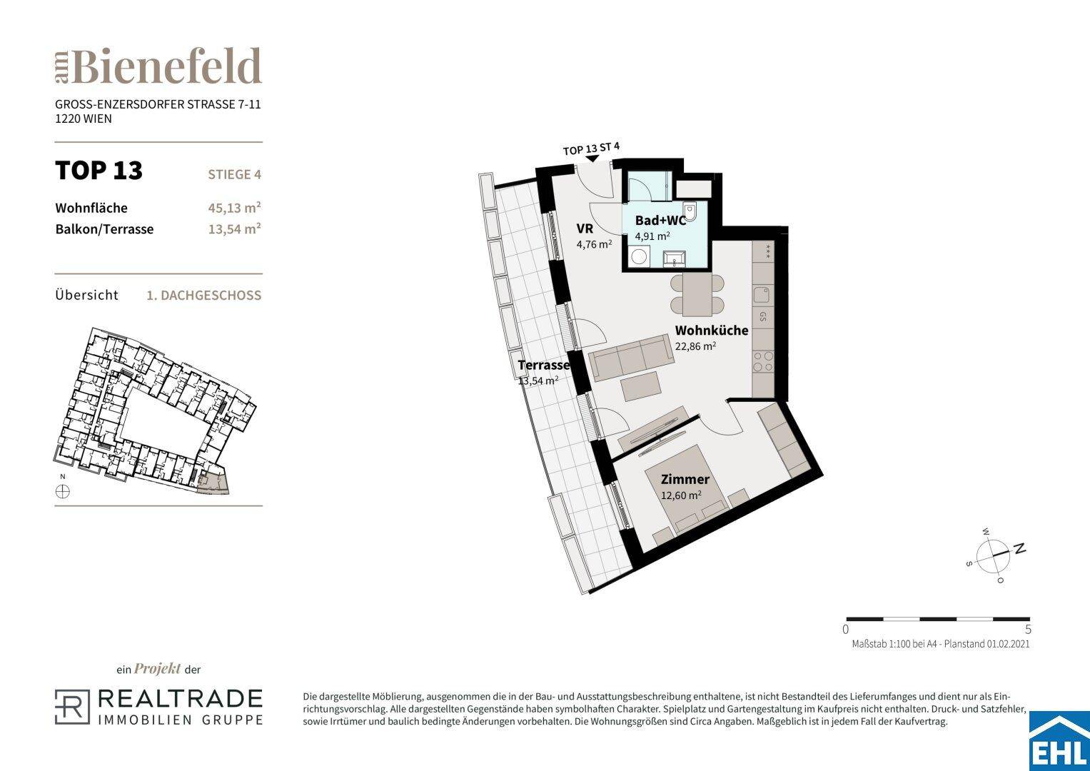 Grundriss der Wohneinheit TOP 13 mit Wohnküche, Zimmer, Bad und großer Terrasse von 13,54 m².